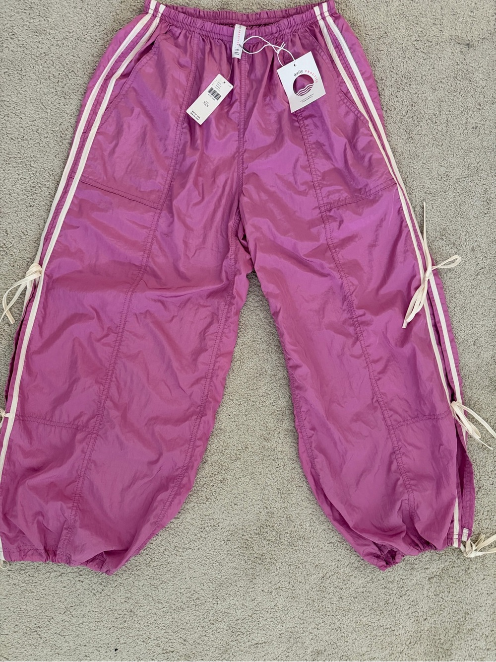 Daily Practice by Anthropologie Bow Stripe Balloon Track Pants, Mauve, XXS, NWTs